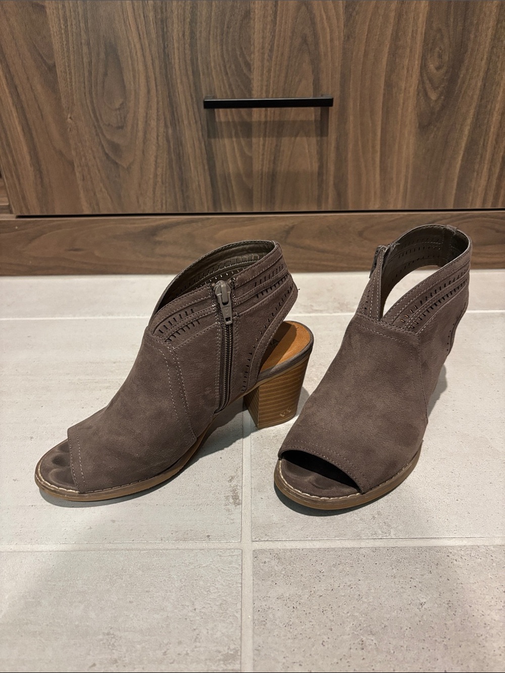 Sonoma Brown Suede Peep-Toe Block Heel Booties
